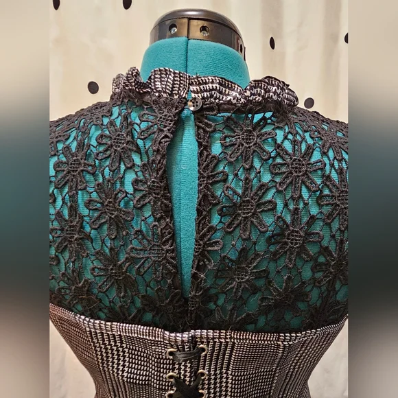 Corset Story black and white houndstooth plaid lace top corset UK 20